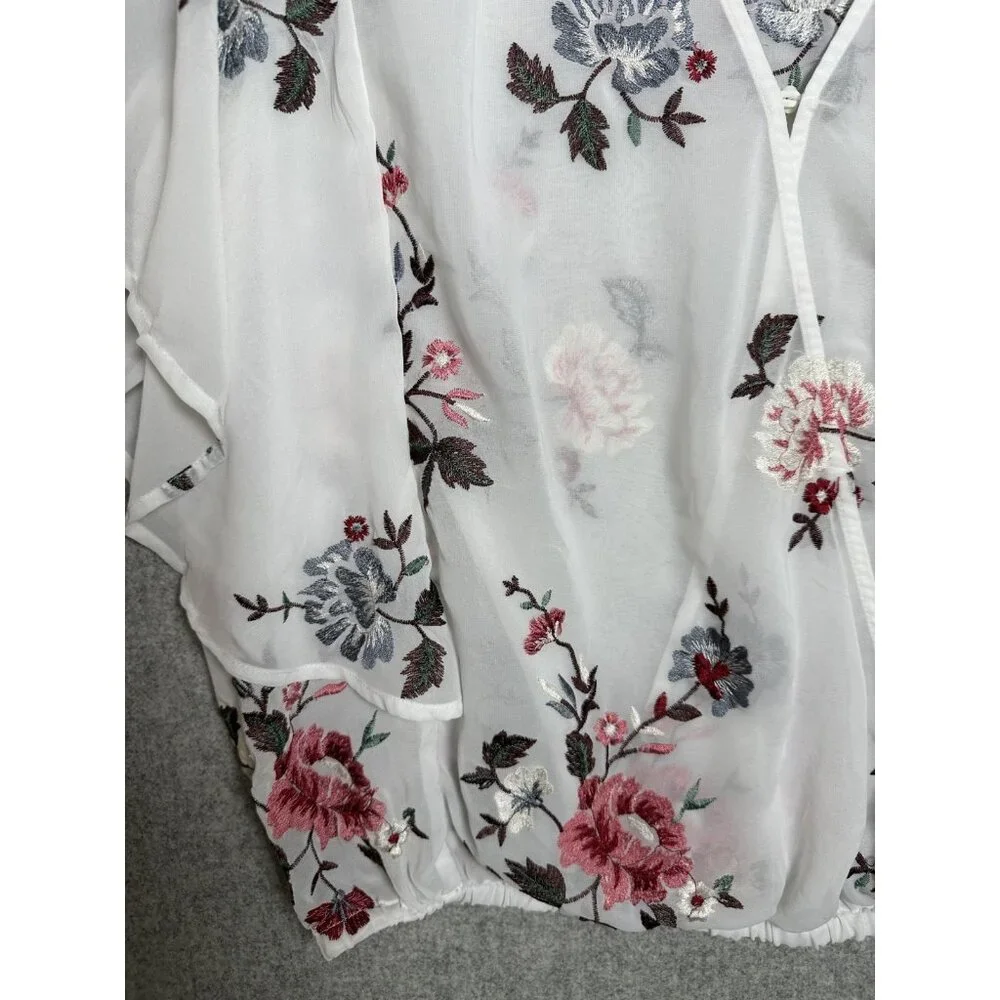Lucky Brand XL Womens Top Sheer Embroidered Vneck White Floral Boho Cottage - Picture 6 of 16